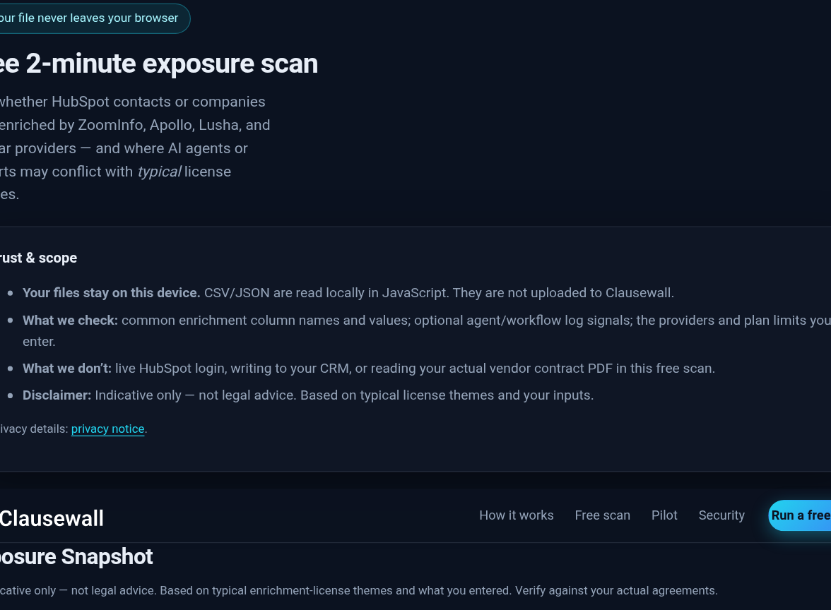 Clausewall Exposure Snapshot showing High overall exposure, provider hits, and findings